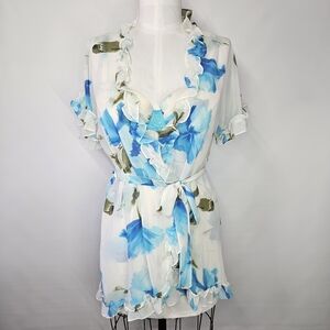 In Bloom Size L 2 Pc. Teddy & Robe Floral Chiffon Cream Blue Lingerie Wire Cups